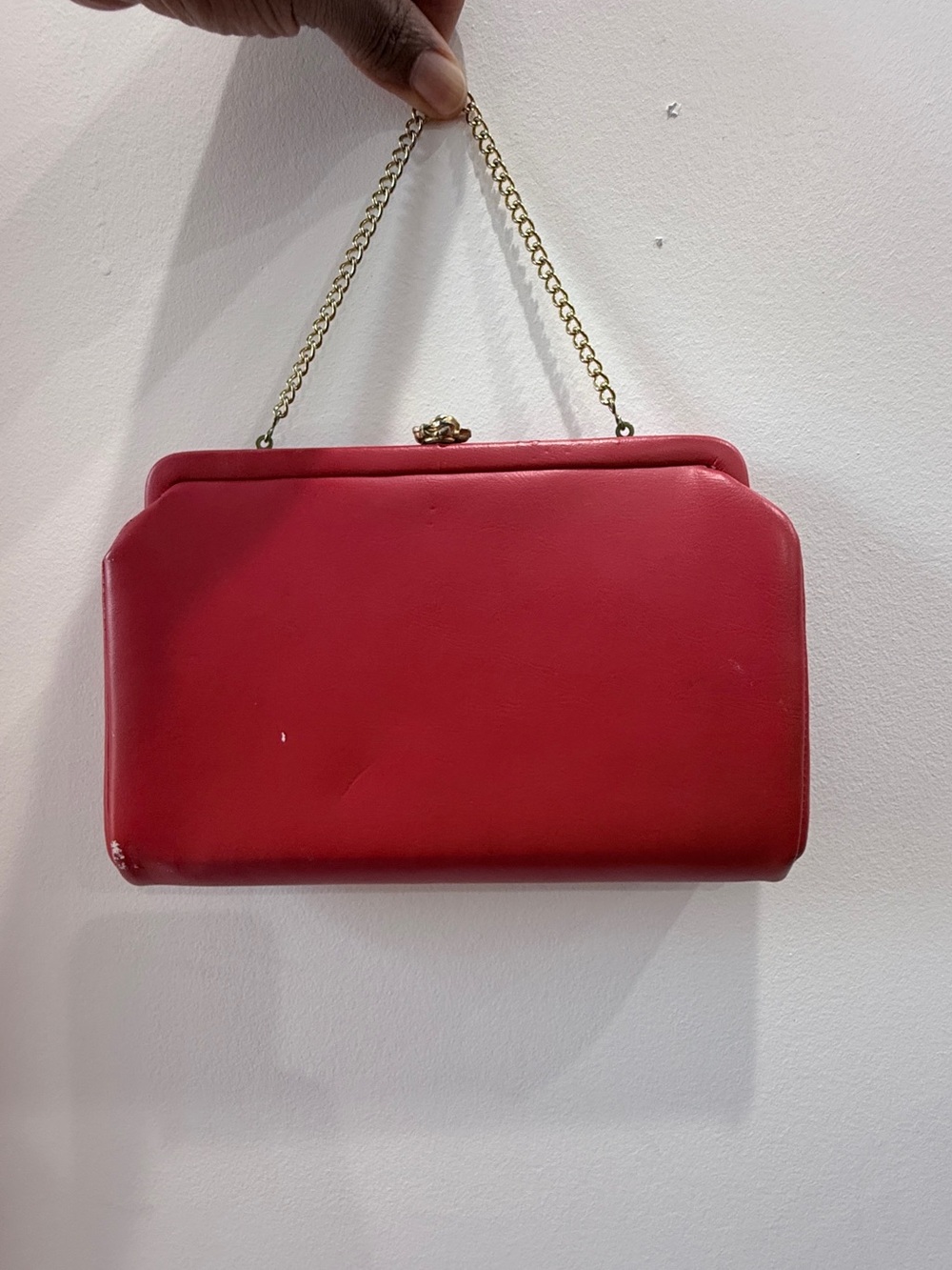 Vintage Classic Red Chain-Handle Vinyl Clutch